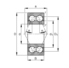 角接觸球軸承 3805-B-TVH, 雙列，接觸角 α = 25°