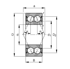 角接觸球軸承 3008-B-2Z-TVH, 雙列，雙側間隙密封，接觸角 α = 25°