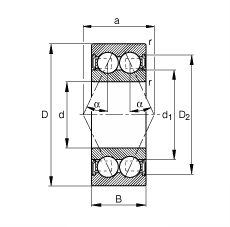 角接觸球軸承 3001-B-2RSR-TVH, 雙列，雙側唇密封，接觸角 α = 25°